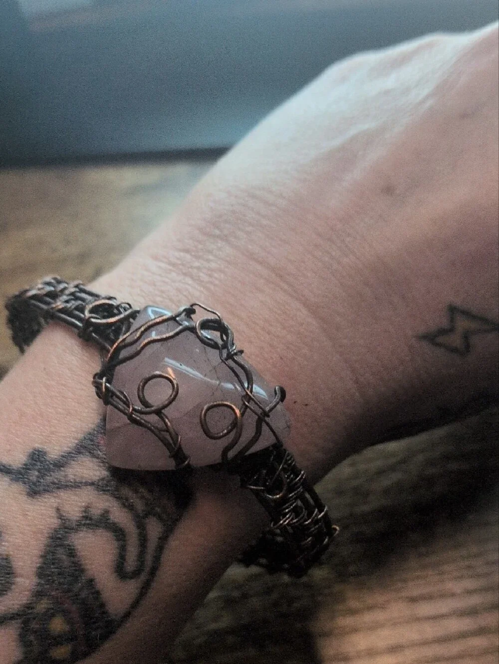 Handcrafted Rose Quartz Wire-Wrap Bracelet - Pink